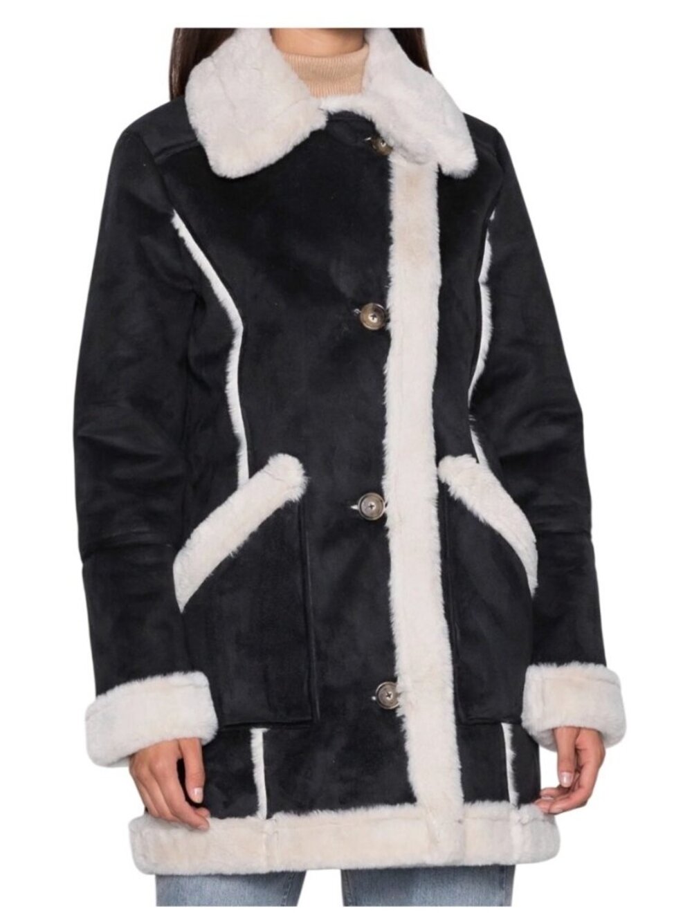 Hollister Faux Suede Shearling Coat M Black & Cream Plush Collar Winter Style